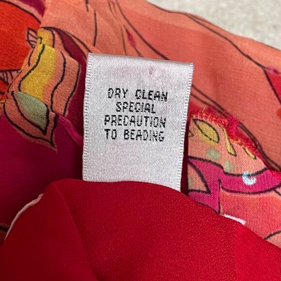 VINTAGE BOB MACKIE STUDIO SILK FLORAL REDS/ORANGES DRESS SIZE 10 PETITE - Picture 10 of 11